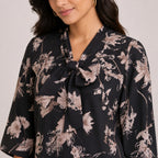 Women's Elegant Floral Sketch Tie-Neck Tunic Top-3
