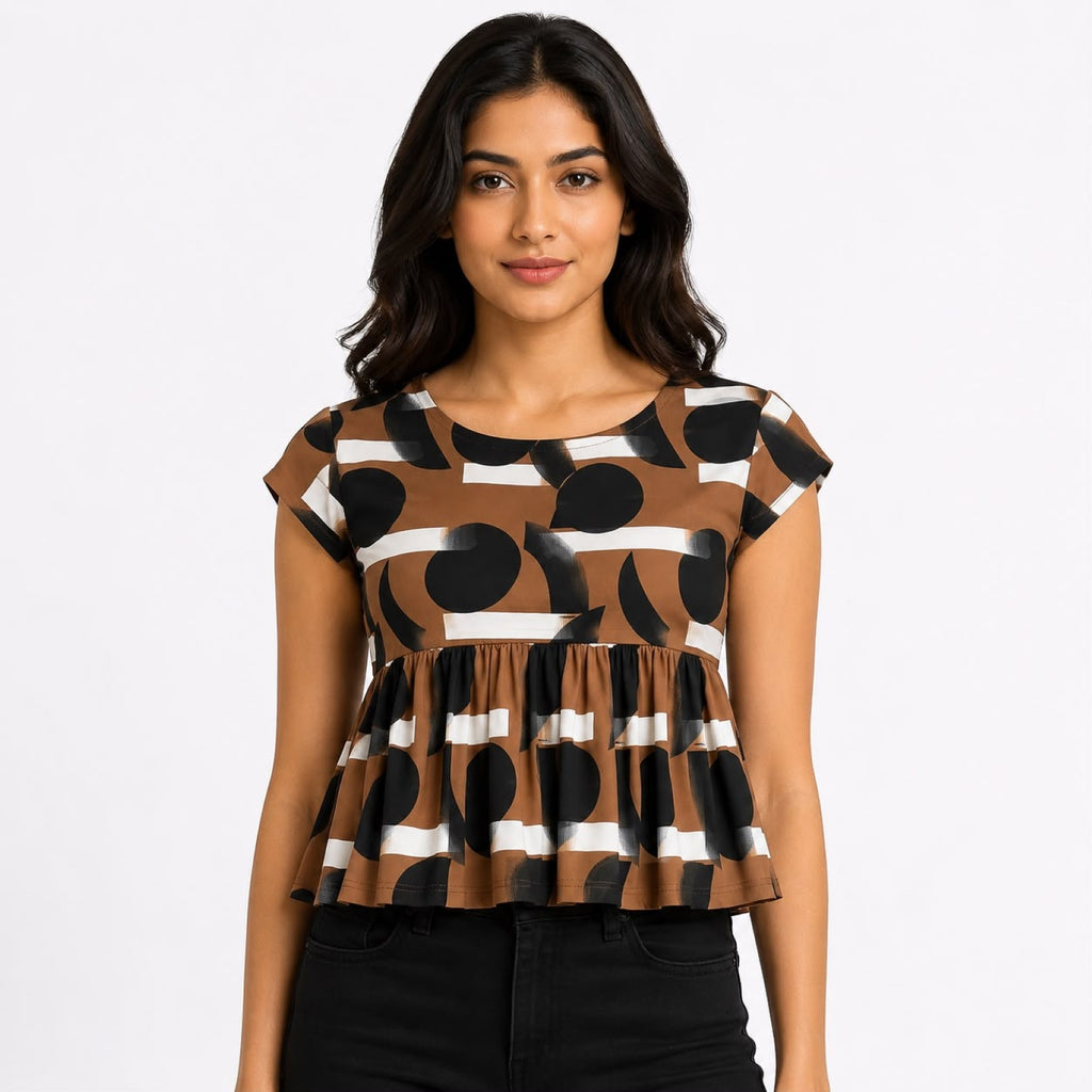 Women's Brown Geometric Printed Peplum Top-3