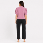 Women's Pink Solid Mock Neck Puff Sleeve Top-3