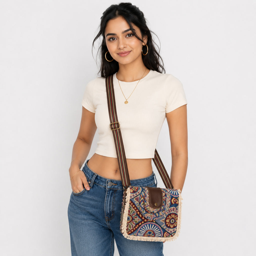 Women's Blue Bohemian Print Fringe Crossbody Sling Bag with Adjustable Strap-2
