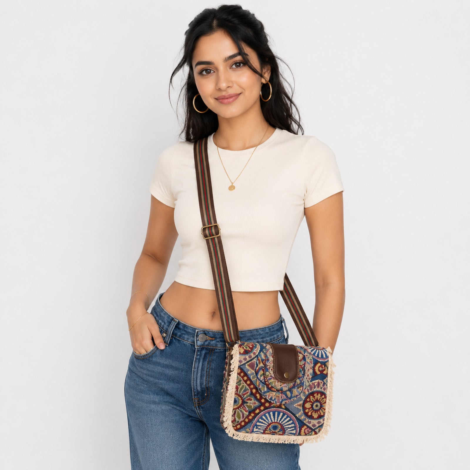 Women's Blue Bohemian Print Fringe Crossbody Sling Bag with Adjustable Strap-2