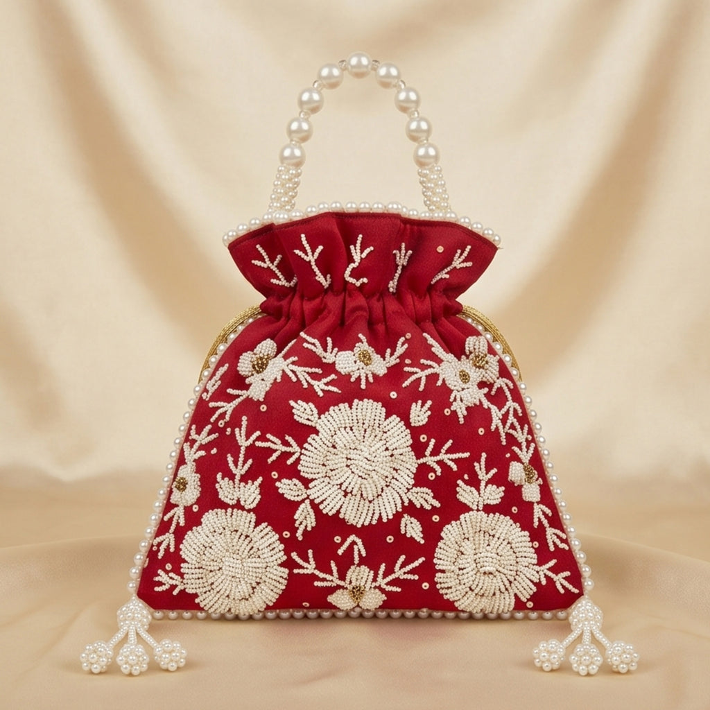Women's Red Embroidered Potli Bag with Pearl Handle-2
