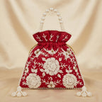 Women's Red Embroidered Potli Bag with Pearl Handle-2