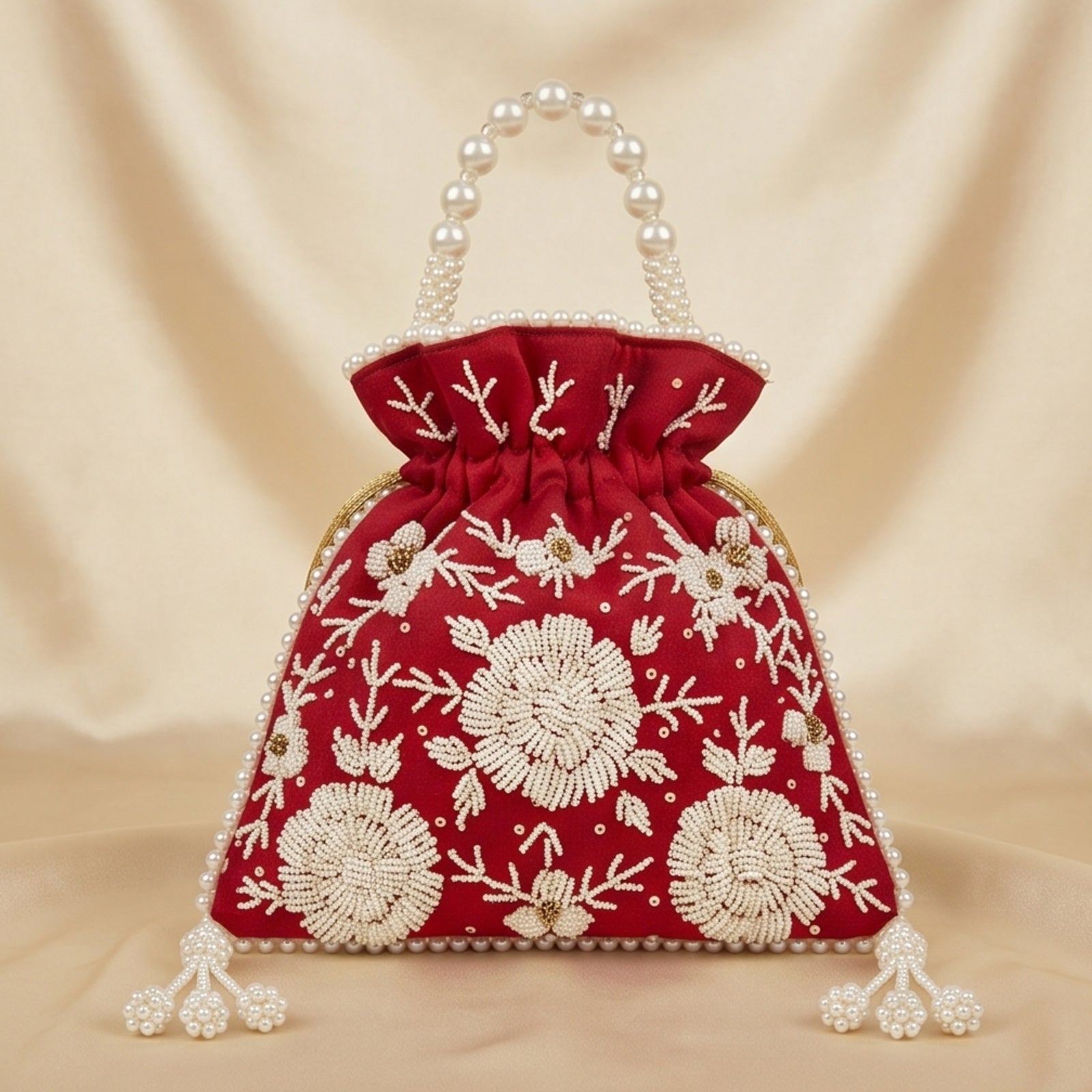 Women's Red Embroidered Potli Bag with Pearl Handle-2