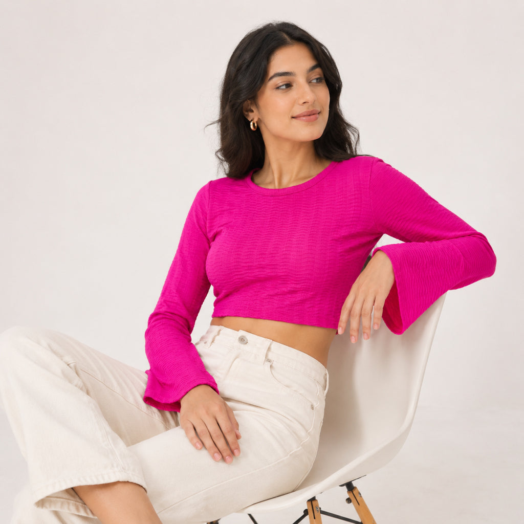 Women's Hot Pink Bell Sleeve Crop Top-3