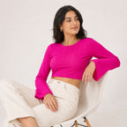 Women's Hot Pink Bell Sleeve Crop Top-3