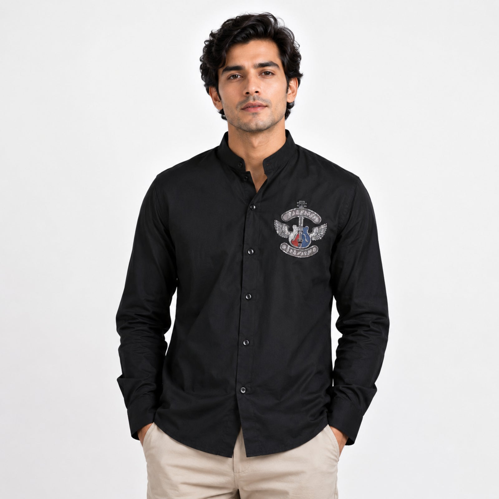 Men's Midnight Guitar Crest Premium Black Casual Shirt-1