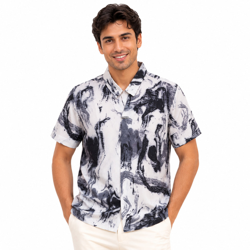 Men's Monochrome Marble Print Casual Shirt-2