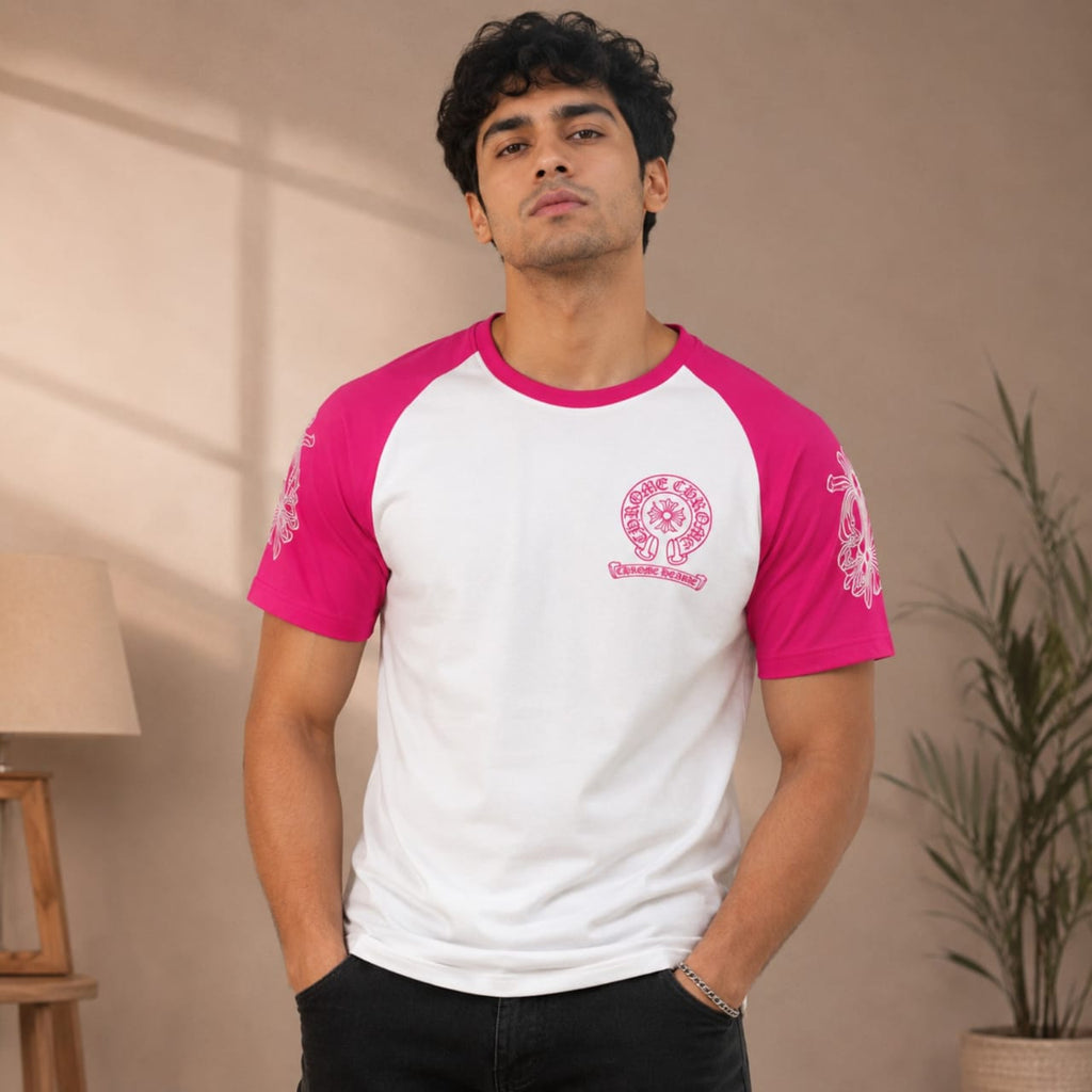 Men's Neon Pink Raglan Graphic Casual T-Shirt-4