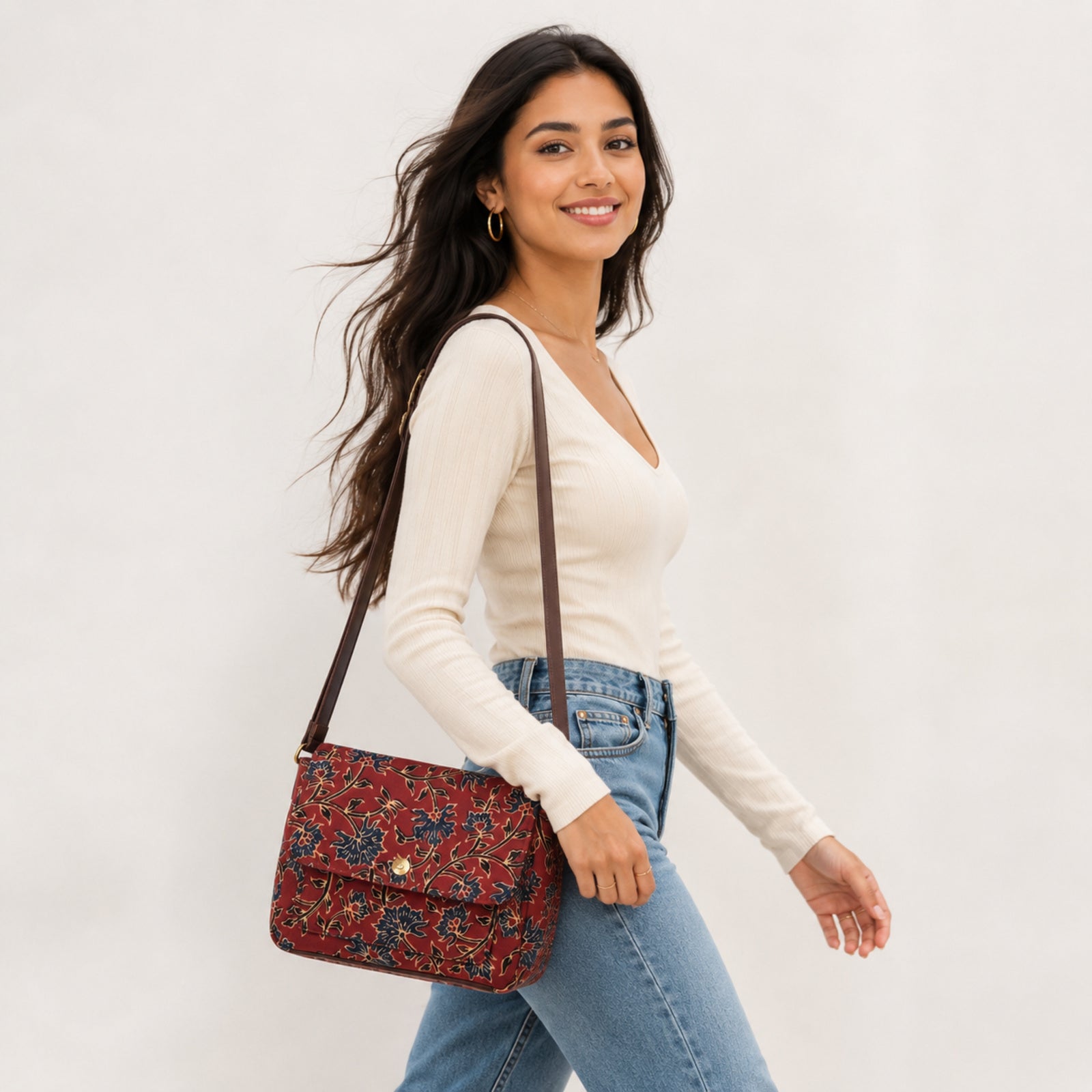 Women's Maroon Floral Printed Crossbody Sling Bag with Flap Closure-4