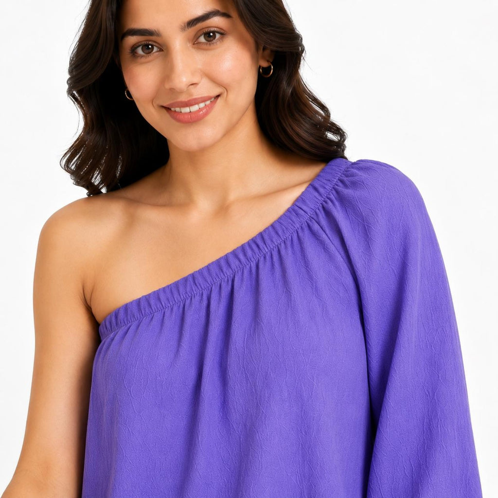 Women's Violet One-Shoulder Balloon Sleeve Relaxed Fit Top-4