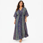 Women's Blue Paisley Print V-Neck Kaftan Maxi Dress | Flowy Resort Wear Dress-1