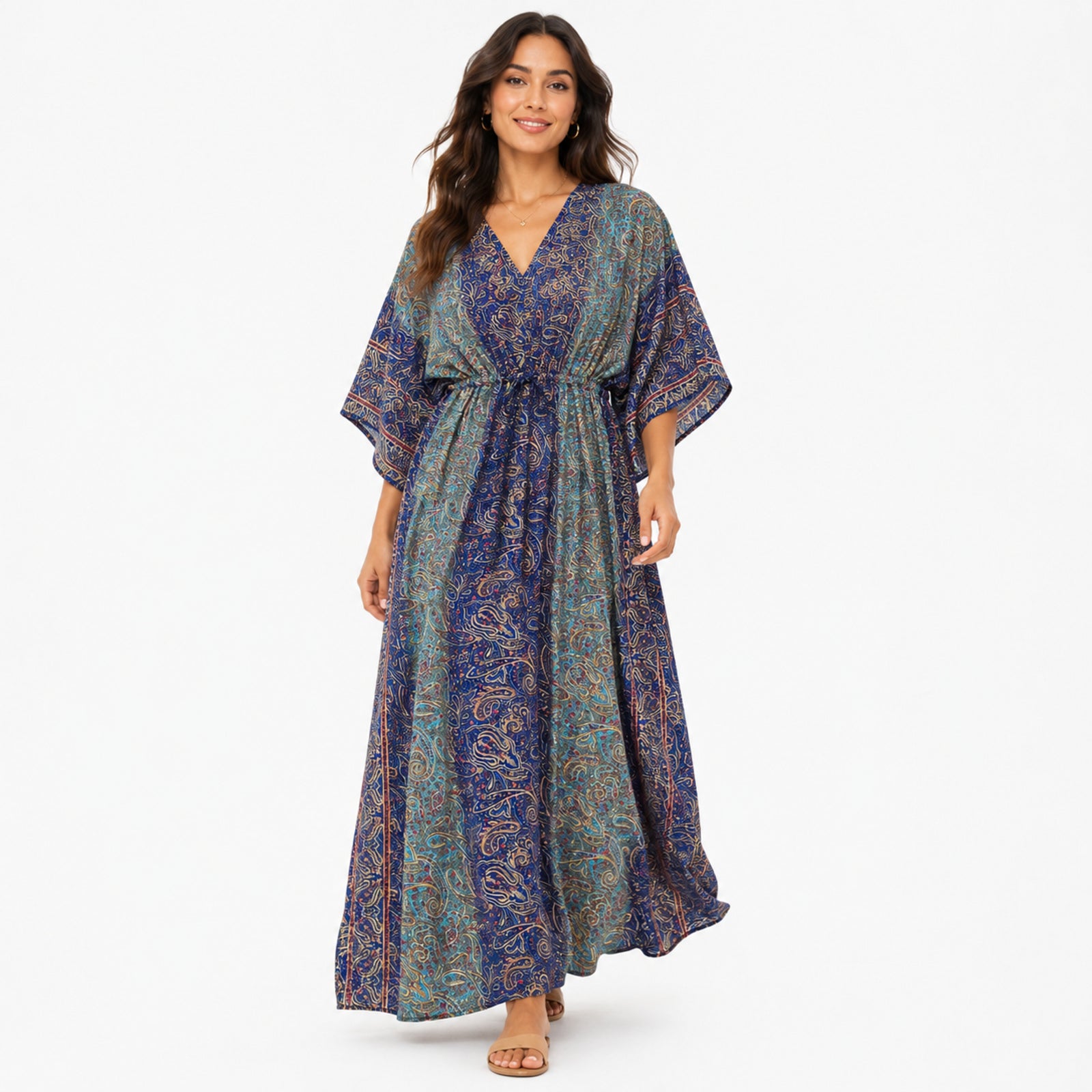 Women's Blue Paisley Print V-Neck Kaftan Maxi Dress | Flowy Resort Wear Dress-1