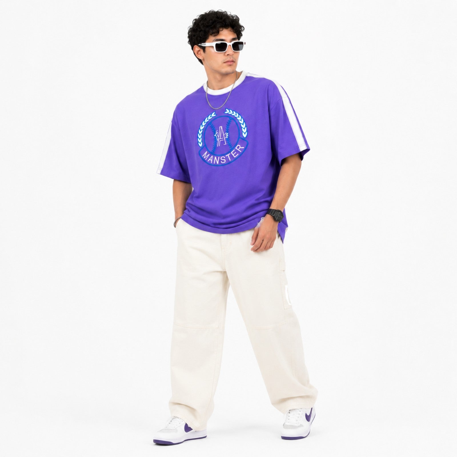 Men's Blue Oversized Varsity Graphic T-Shirt-2