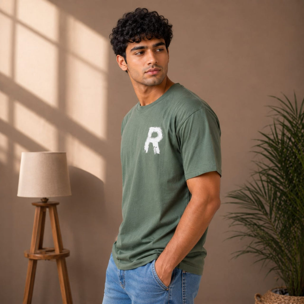 Men's Sage Green Minimal Graphic Casual T-Shirt-2