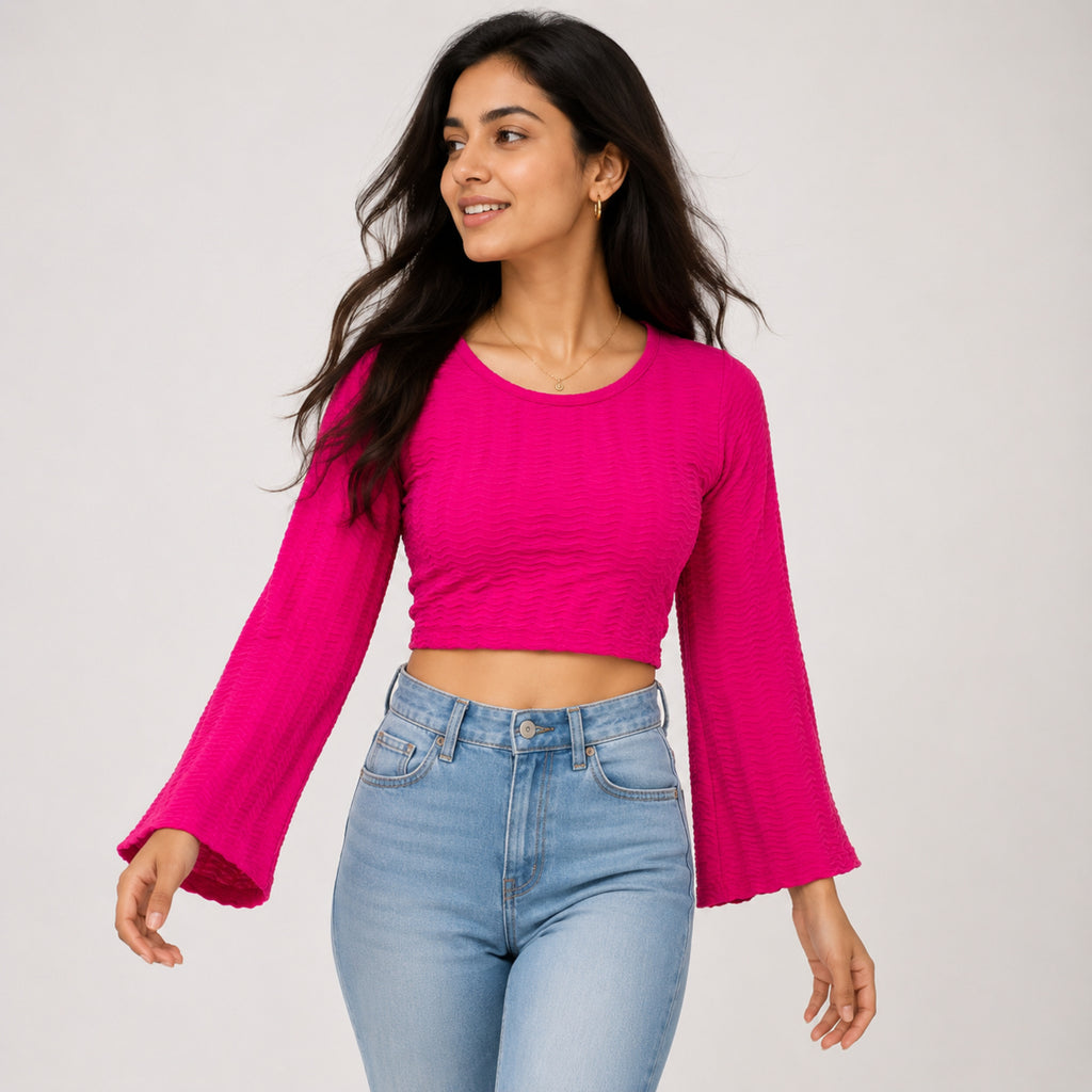 Women's Hot Pink Bell Sleeve Crop Top-1