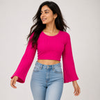 Women's Hot Pink Bell Sleeve Crop Top-1