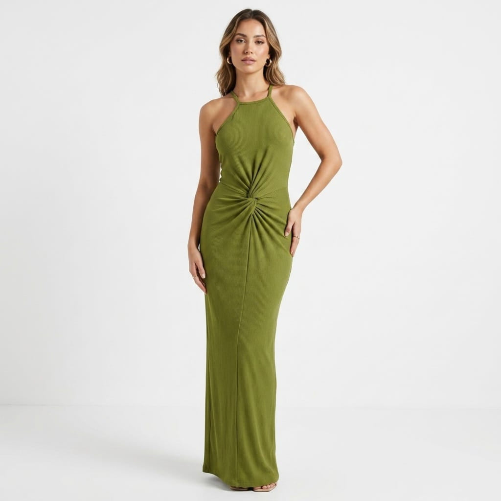 Women's Green Twist Detail Bodycon Maxi Dress-1