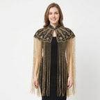 Women's Elegant Hand-Embroidered Black Collar Cape Overlay with Metallic Fringe Tassel Dress-1