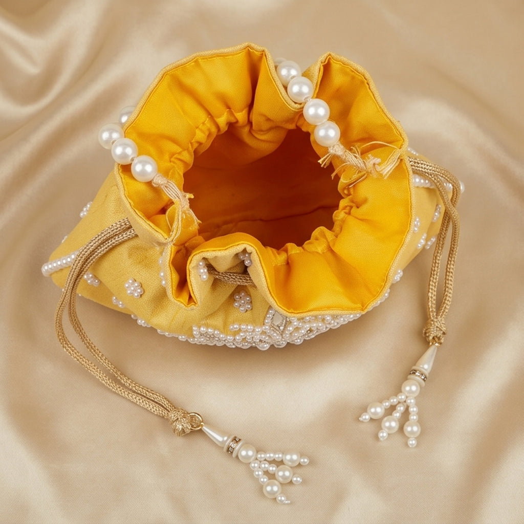 Women's Yellow Embroidered Potli Bag with Pearl Handle-4