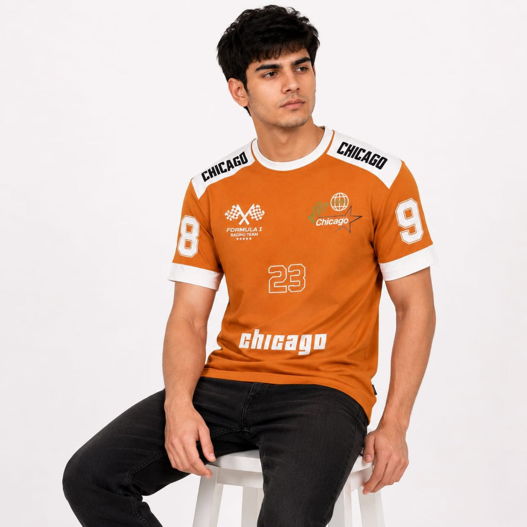 Men's Orange Motorsport Graphic Contrast Panel Crew Neck T-Shirt | Regular Fit Half Sleeve Casual Tee-2