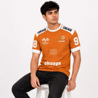 Men's Orange Motorsport Graphic Contrast Panel Crew Neck T-Shirt | Regular Fit Half Sleeve Casual Tee-2