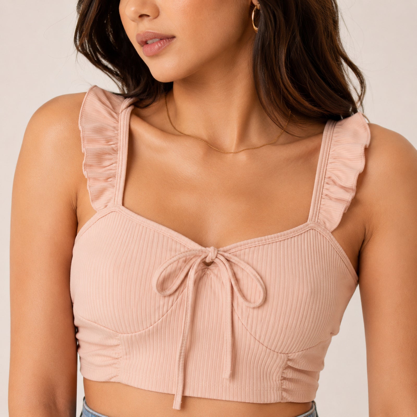 Women's Peach Ribbed Ruffle Strap Crop Top-2
