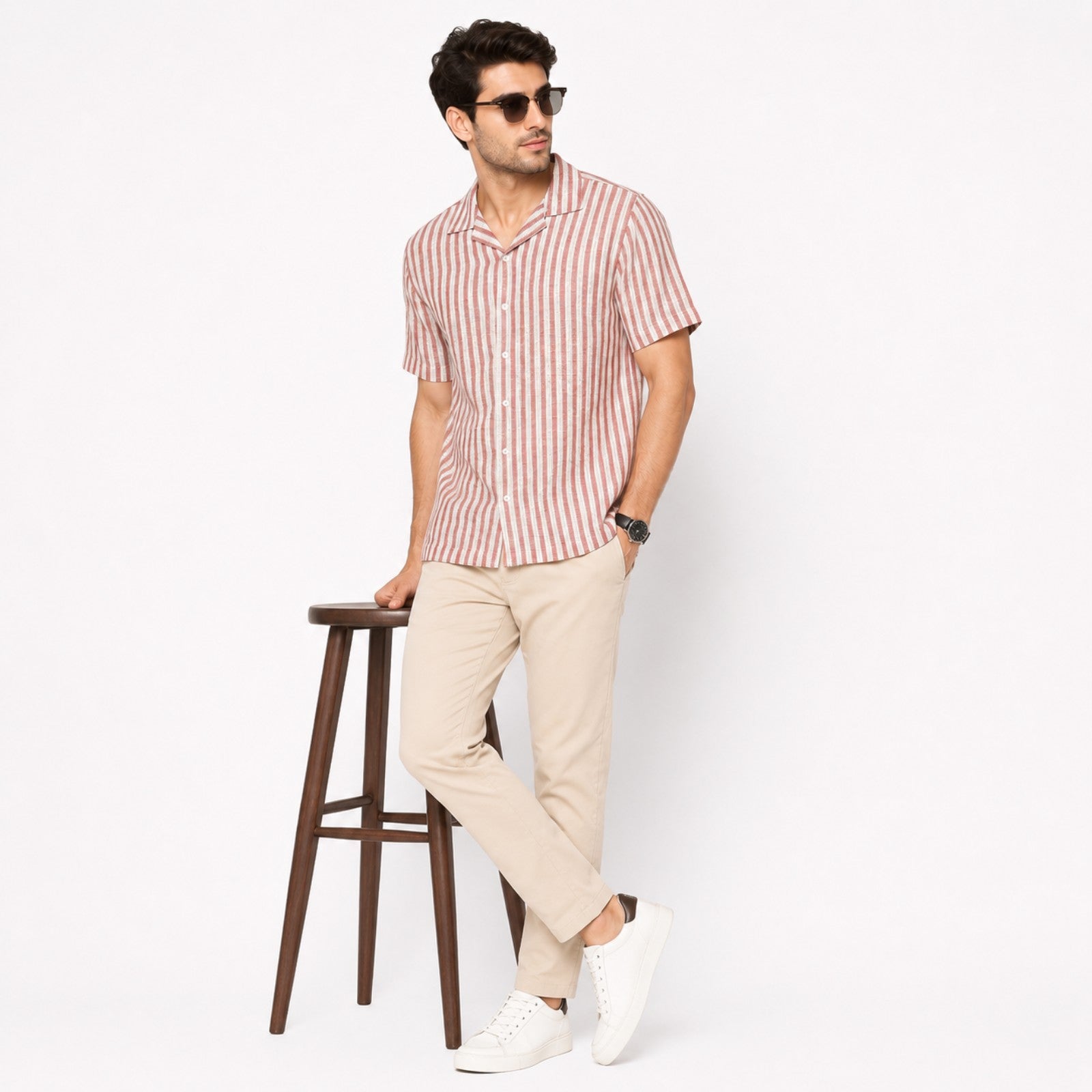 Men's Beige Striped Casual Half Sleeve Shirt-2