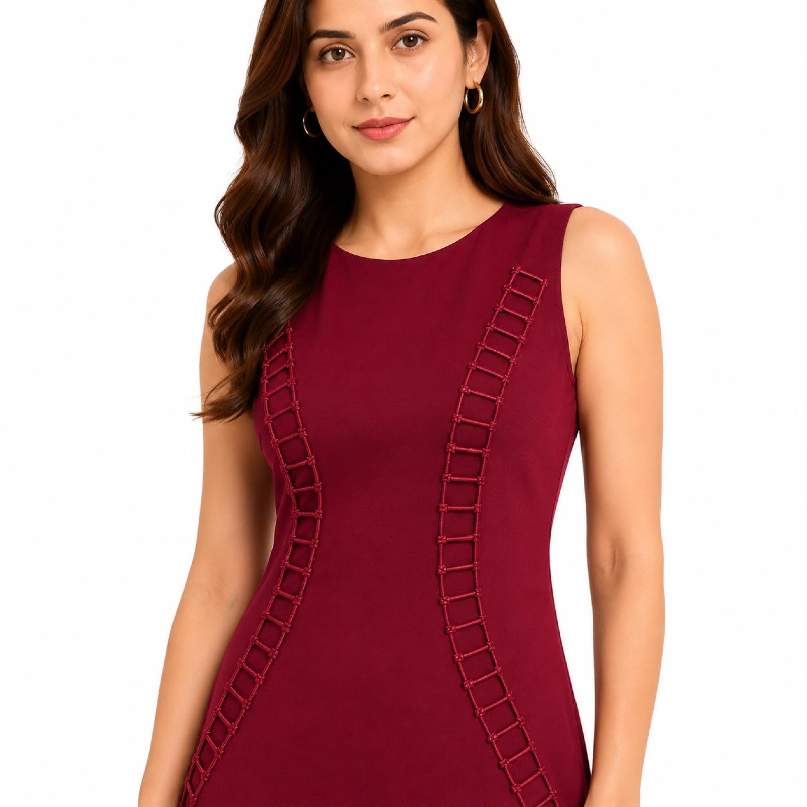 Women's Maroon Sleeveless Bodycon Mini Dress with Cutwork Side Detailing-2