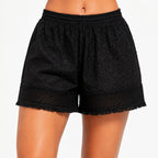 Women's Black Textured Lace Trim Relaxed Fit Drawstring Summer Shorts-3