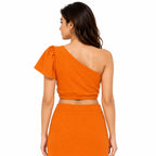 Women's Orange One Shoulder Ruffle Sleeve Co-Ord Crop Top Set-4