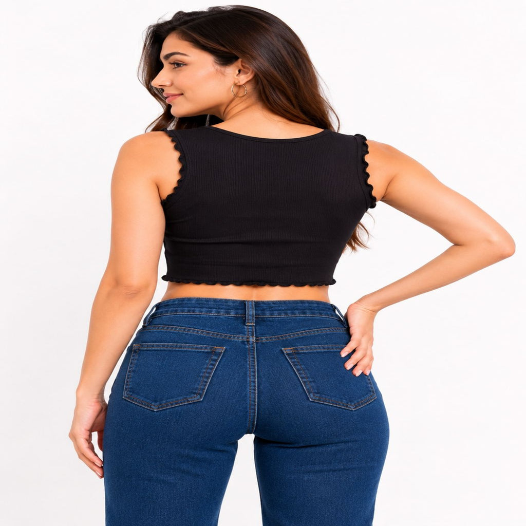Women's Chic Midnight Black Ribbed Bralette Crop Top with Ruched V-Neckline-4