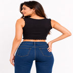 Women's Chic Midnight Black Ribbed Bralette Crop Top with Ruched V-Neckline-4