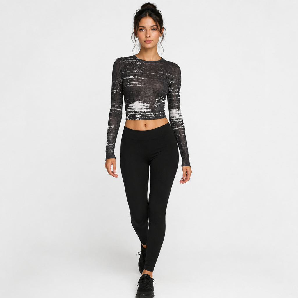 Women's Black Abstract Mesh Crop Top with Full Sleeves-1