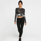 Women's Black Abstract Mesh Crop Top with Full Sleeves-1