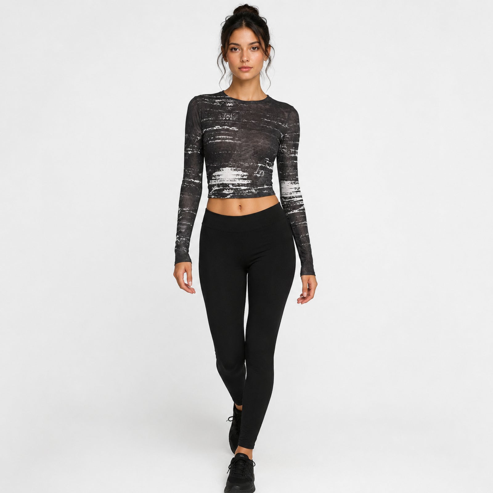 Women's Black Abstract Mesh Crop Top with Full Sleeves-1