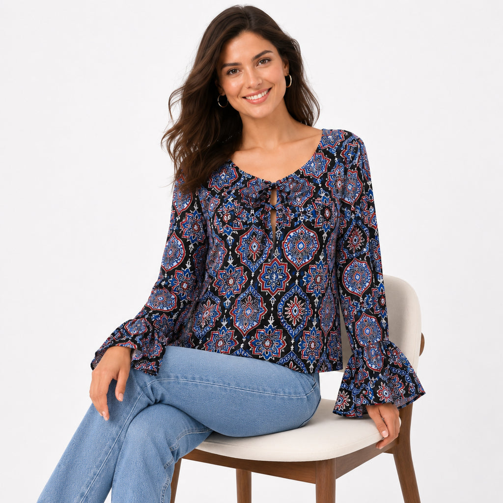 Women's Black Ethnic Motif Print Tie-Neck Bell Sleeve Top | Boho Casual Blouse-2