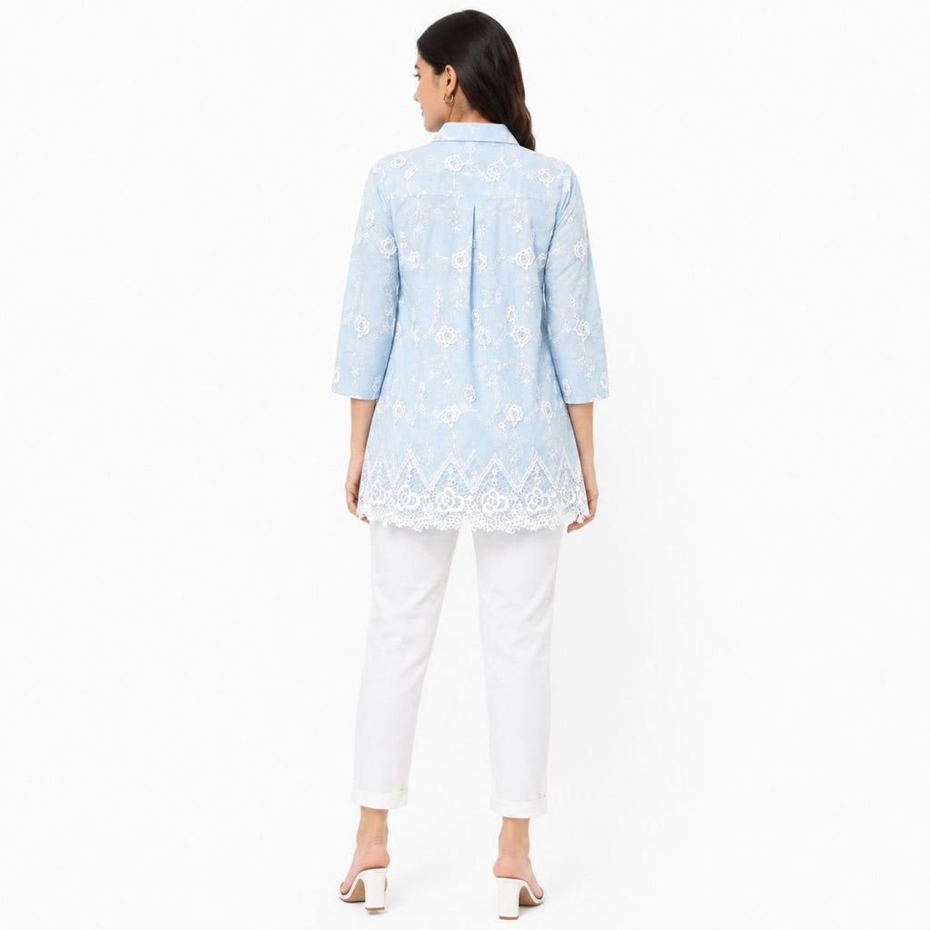 Women's Sky Blue Embroidered Tunic Top | Collared 3/4 Sleeve Lace Hem Casual Kurti-4