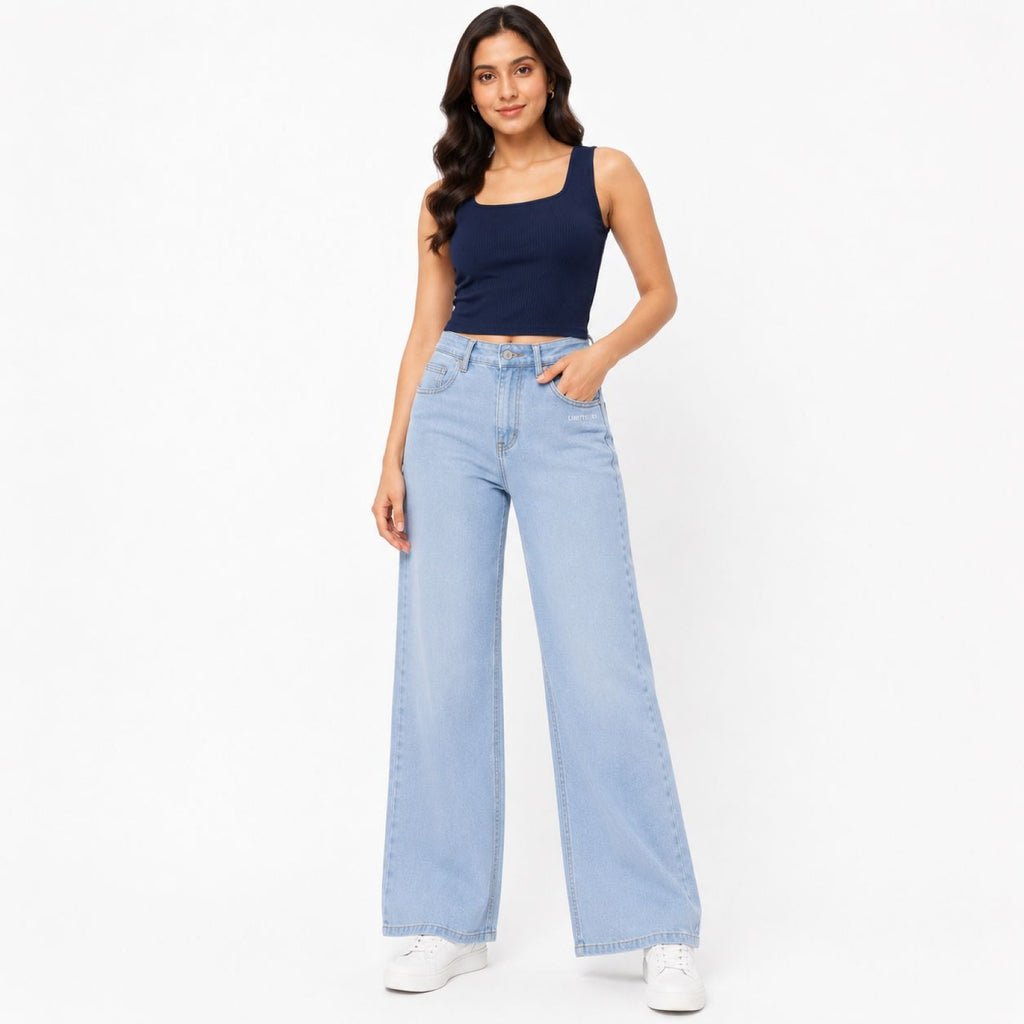 Women's Light Blue Wide Leg High-Rise Jeans | Casual Everyday Denim Pants-1