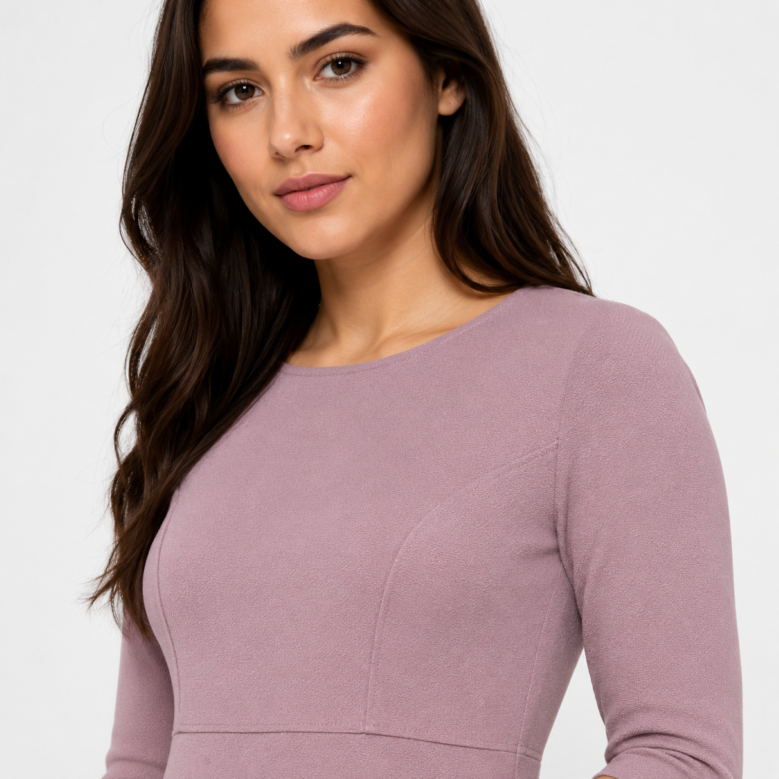 Women's Light Pink Solid Round Neck High-Low Ruffle Hem Midi Dress-3