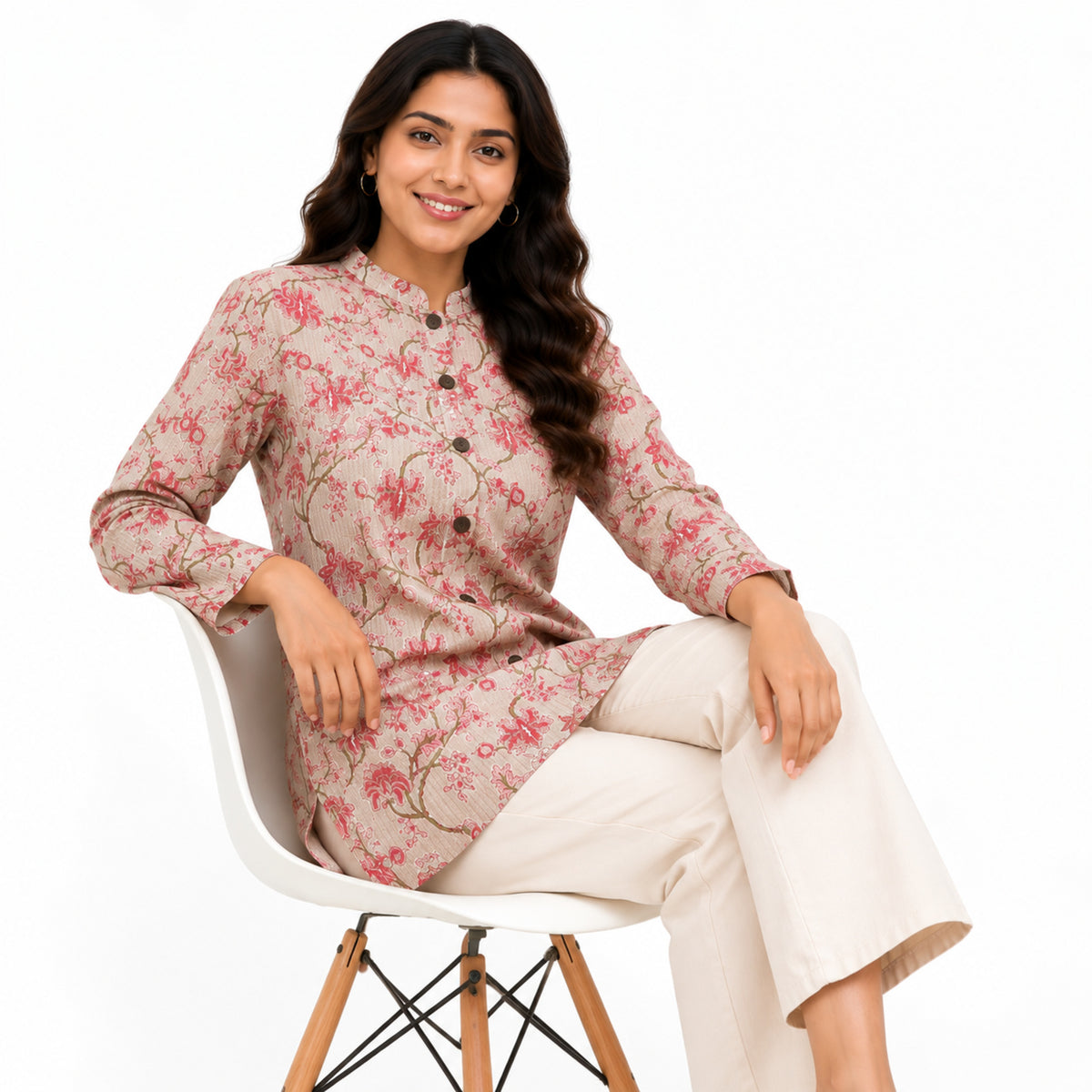 Women’s Beige & Pink Floral Printed Jacket – Full Sleeve Button-Front Jacket with Mandarin Collar-3