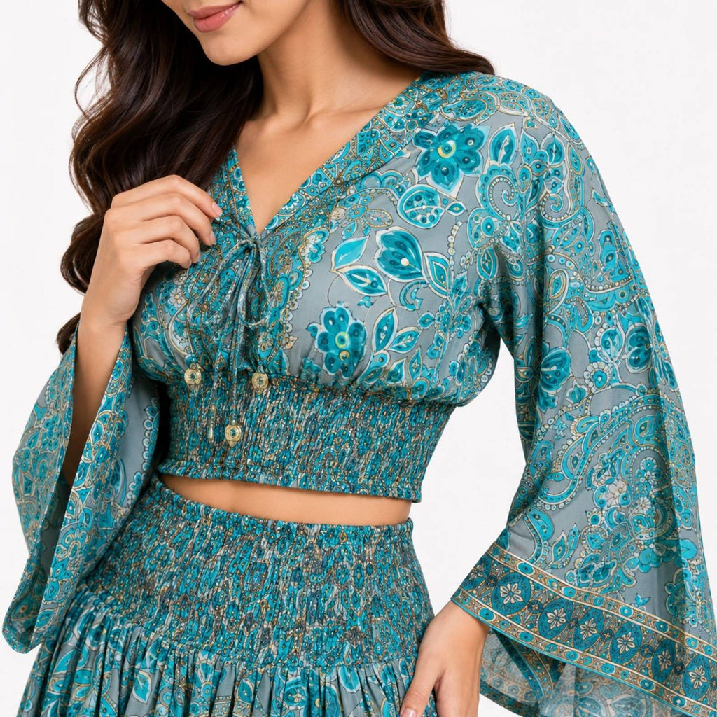 Women's Bohemian Chic Sage Green Floral Flare-Sleeve Crop Top and Maxi Skirt Set-3
