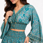 Women's Bohemian Chic Sage Green Floral Flare-Sleeve Crop Top and Maxi Skirt Set-3