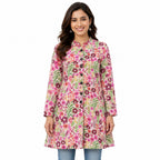 Women's Pink Floral Printed Jacket Full Sleeve Flared Jacket with Button-Front Design-1