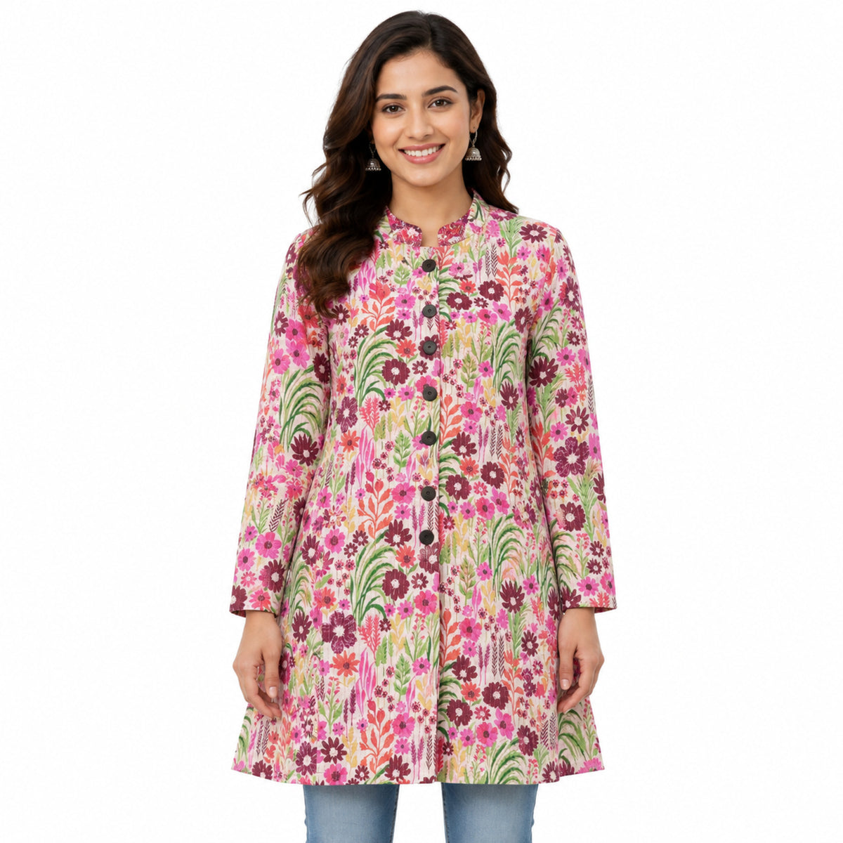 Women's Pink Floral Printed Jacket Full Sleeve Flared Jacket with Button-Front Design-1