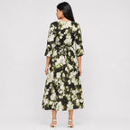 Women's Elegant Floral Print A-Line Midi Dress with Tie-Up Belt-4