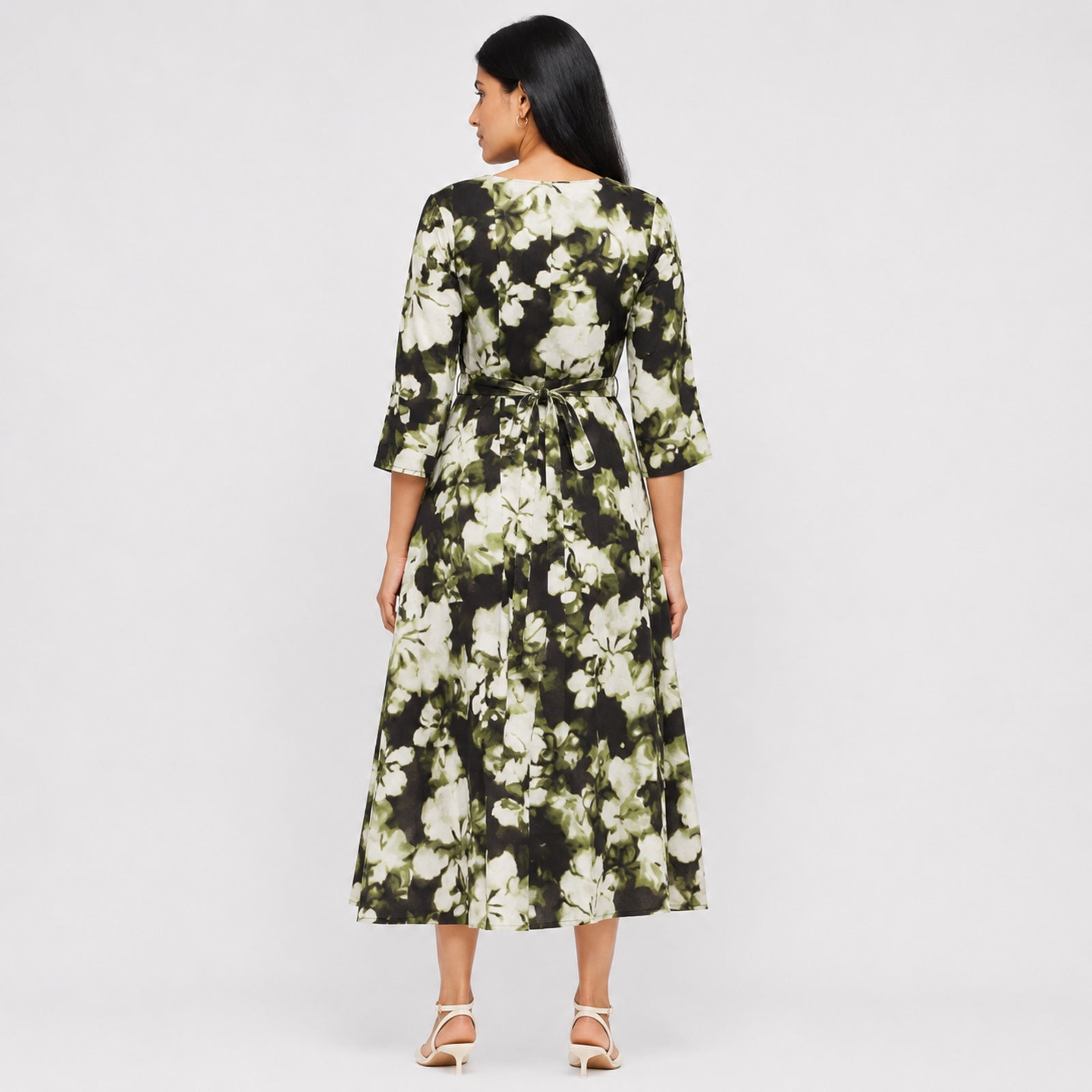 Women's Elegant Floral Print A-Line Midi Dress with Tie-Up Belt-4