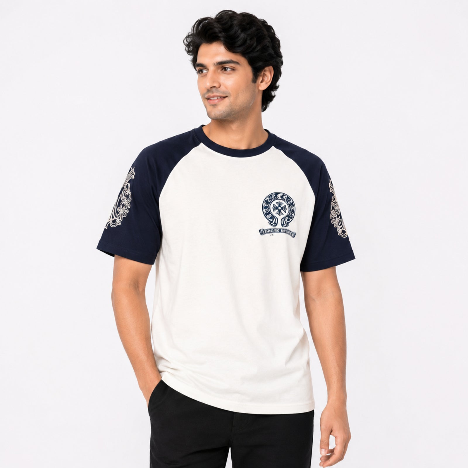 Men's Navy Blue Contrast Sleeve Graphic T-Shirt-1