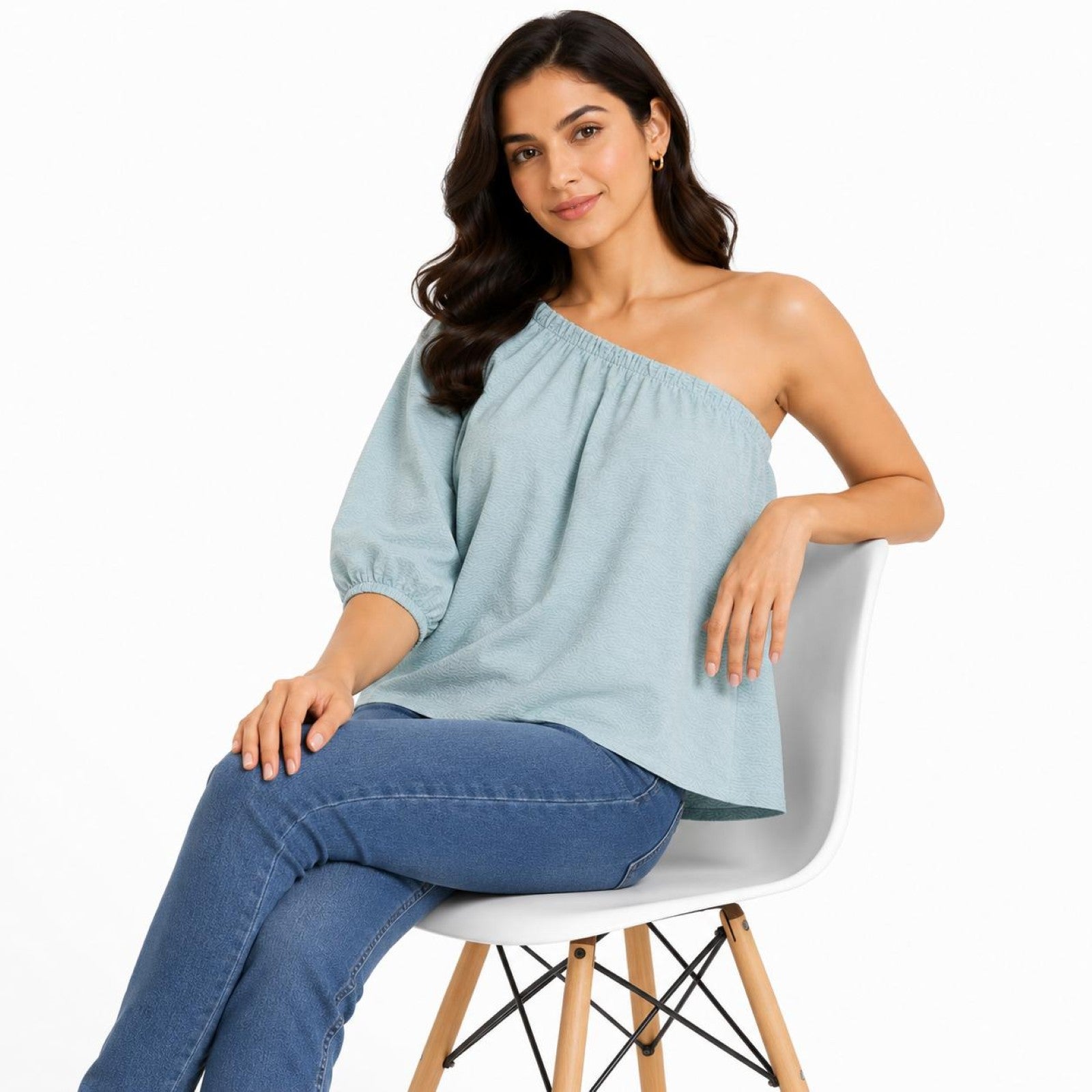 Women's Sky Blue One-Shoulder Puff Sleeve Top-2