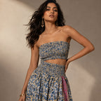 Women's Bohemian Chic Festive Blue Floral Off-Shoulder Tube Crop Top and Skirt Set-3